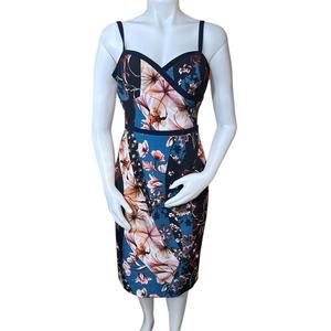 Black Halo Daria Floral-Print Sheath Dress Sleeveless Size 8 Black/Blue